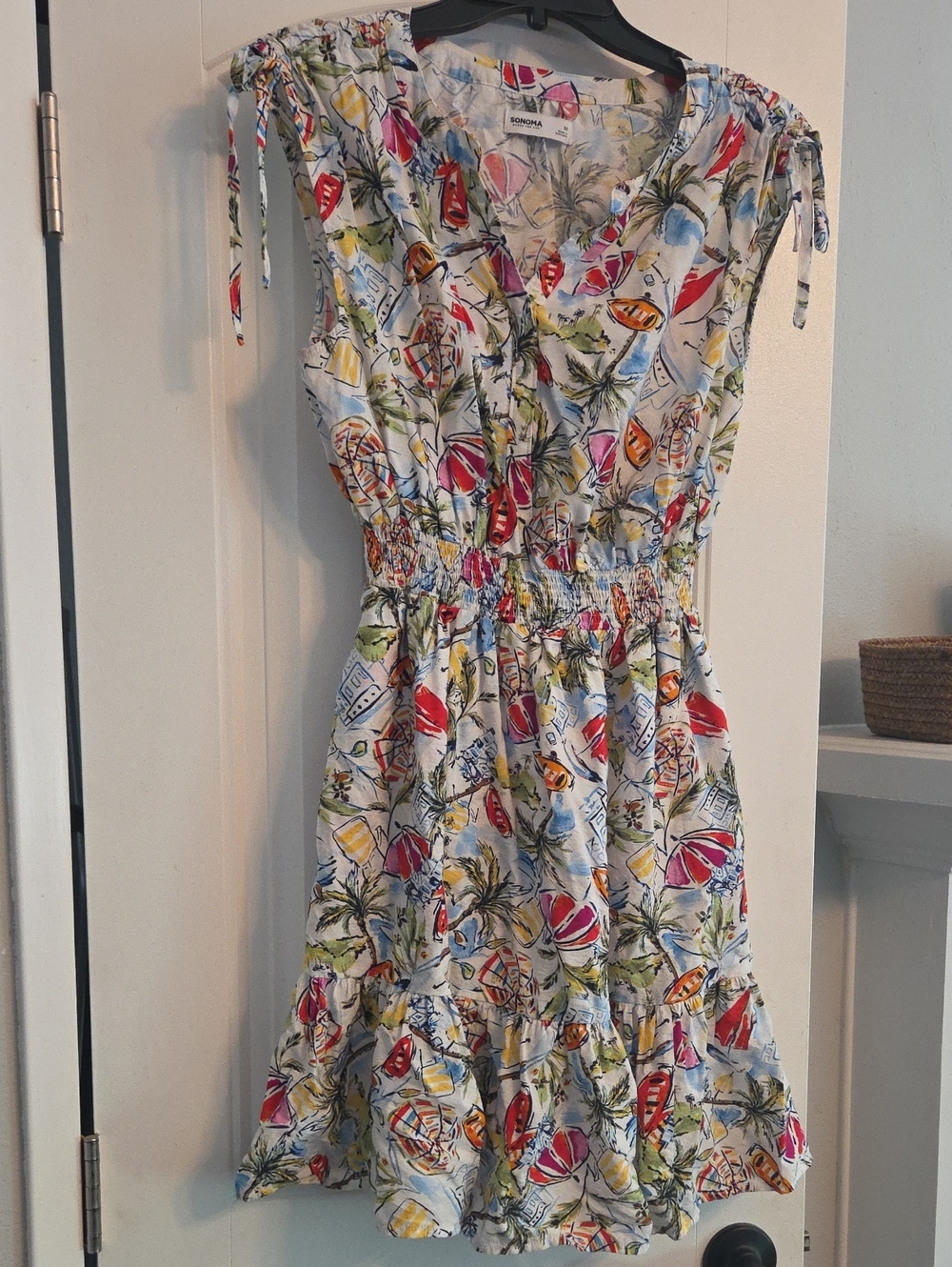 Sonoma White Tropical Print Mini Dress with Red, Yellow & Blue Accents
